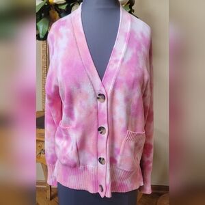 NWOT JUICY COUTURE PINK TIE DYE 100% COTTON V NECK CARDIGAN SWEATER POCKETS
